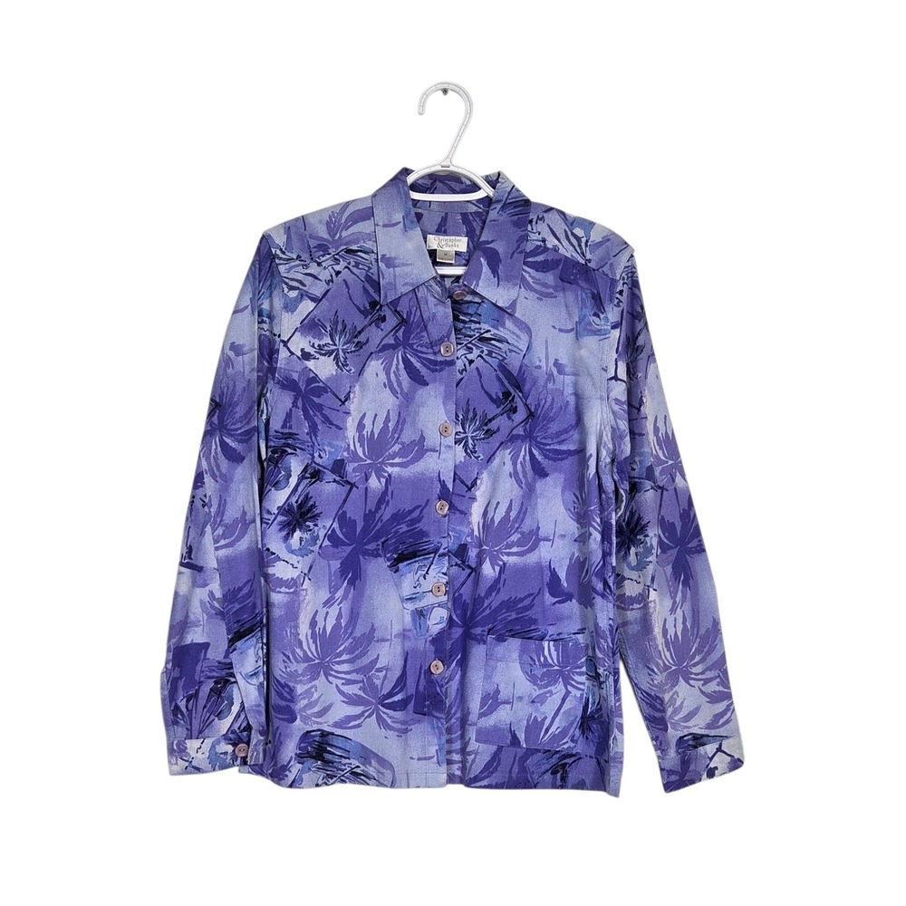 Christopher & Banks Purple Blue Tropical Palm Leaf Cotton Button Front Jacket M